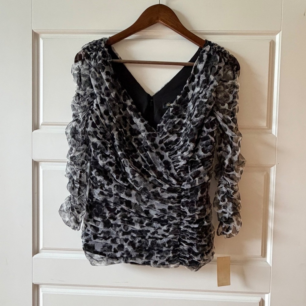 Tadashi Shoji Black & White Sheer Leopard Print Ruffle Wrap Blouse - Picture 2 of 12